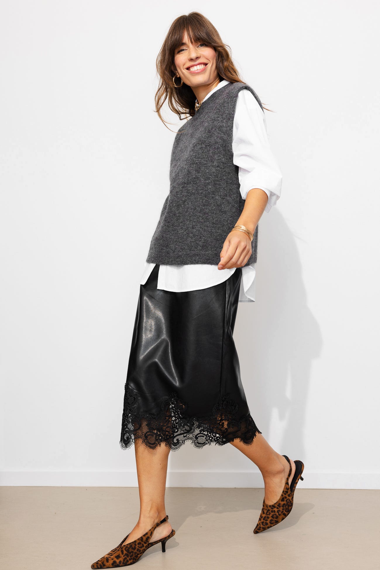 Faux leather and lace skirt