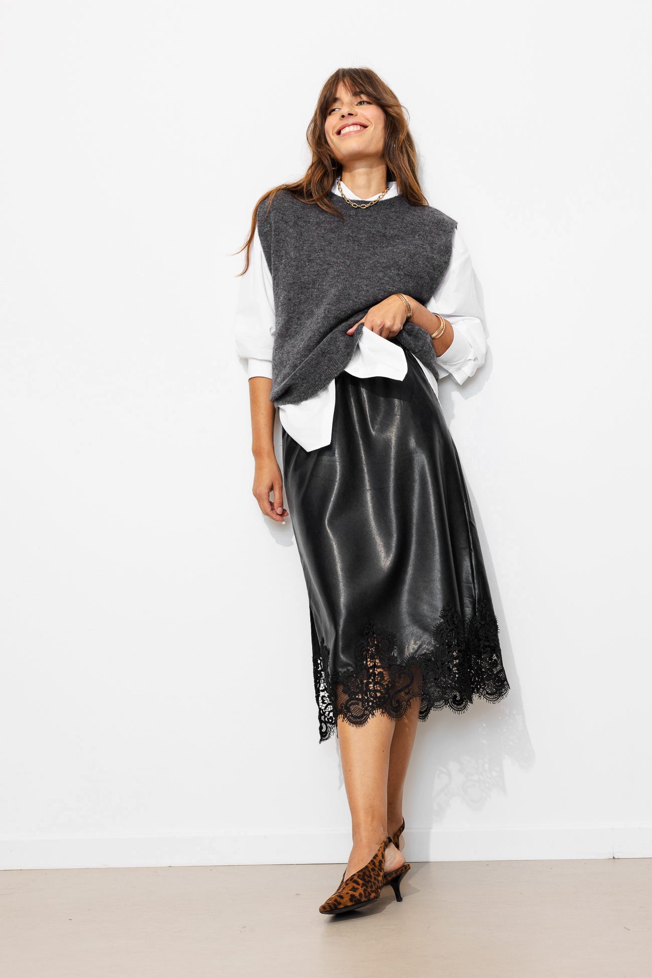 Faux leather and lace skirt