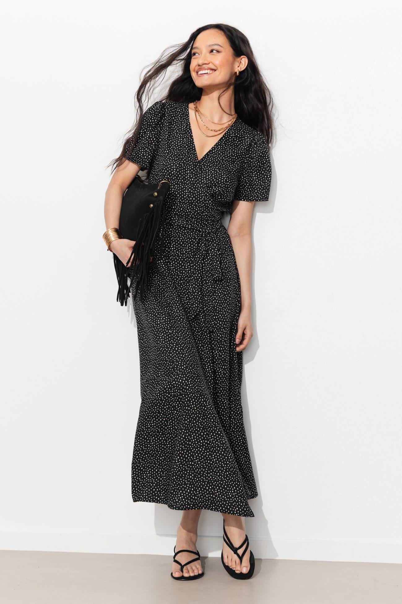 Robe longue portefeuille pois