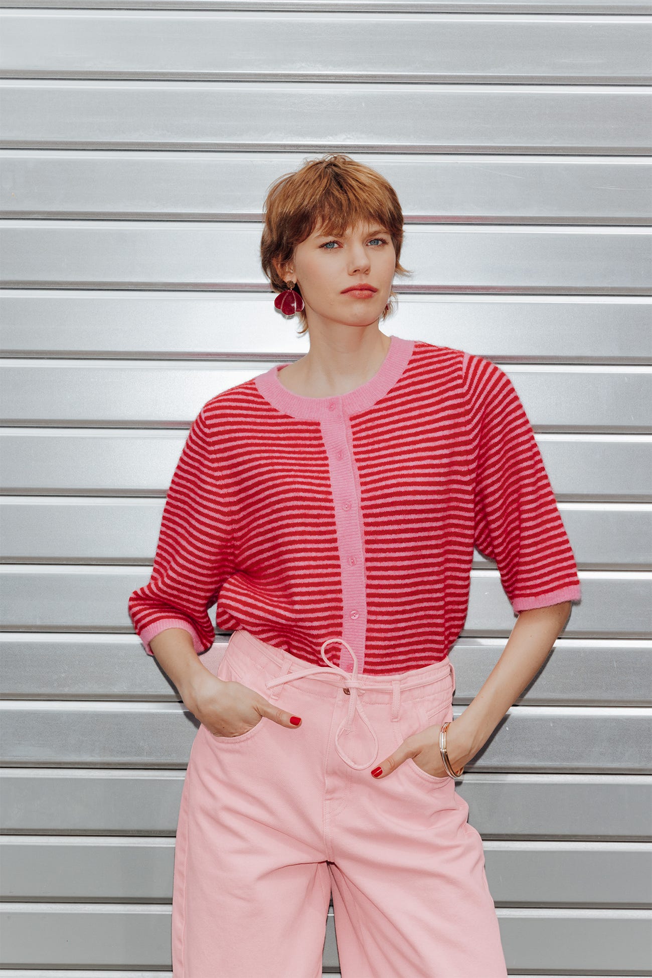 Pull/cardigan rayé recto verso