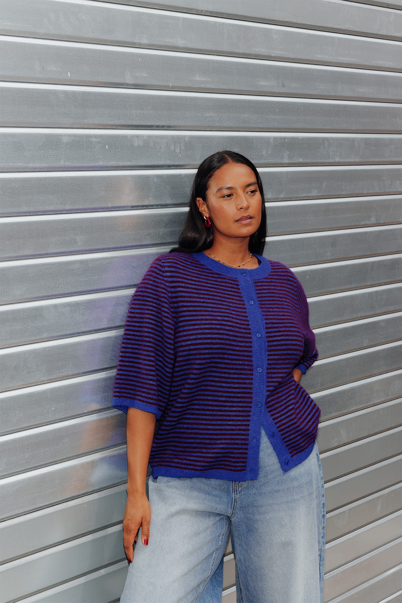 Pull/cardigan rayé recto verso