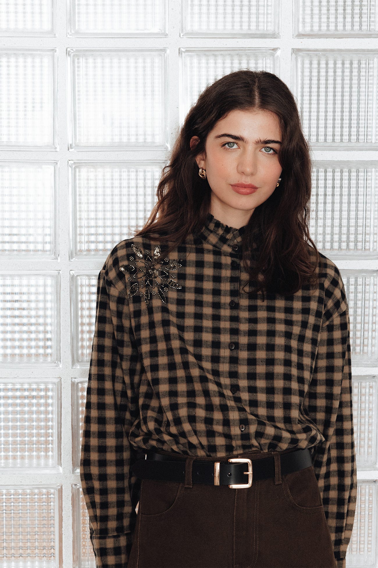 Camisa de cuadros con cuentas
