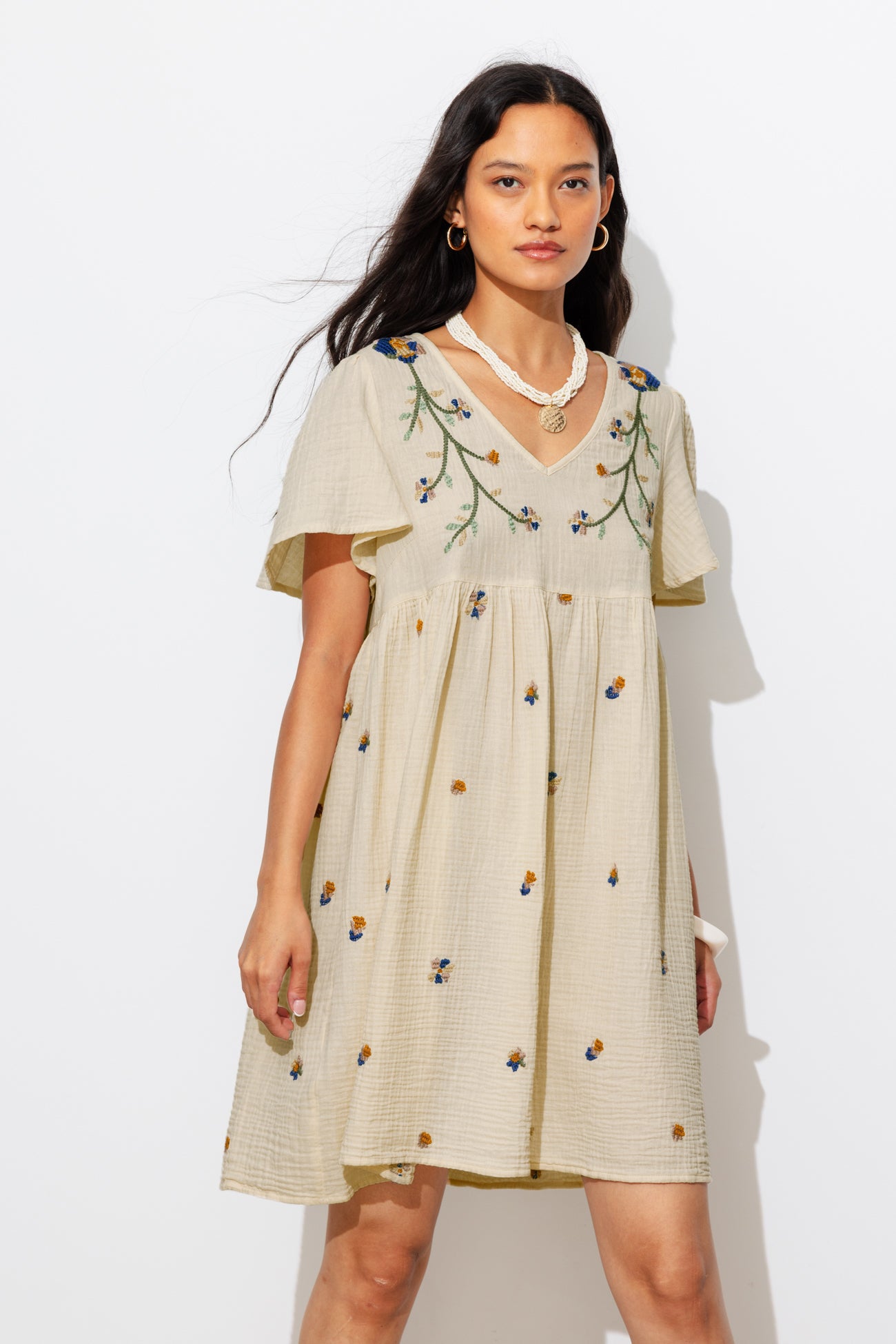 Gauze cotton embroidered dress - Ecru print