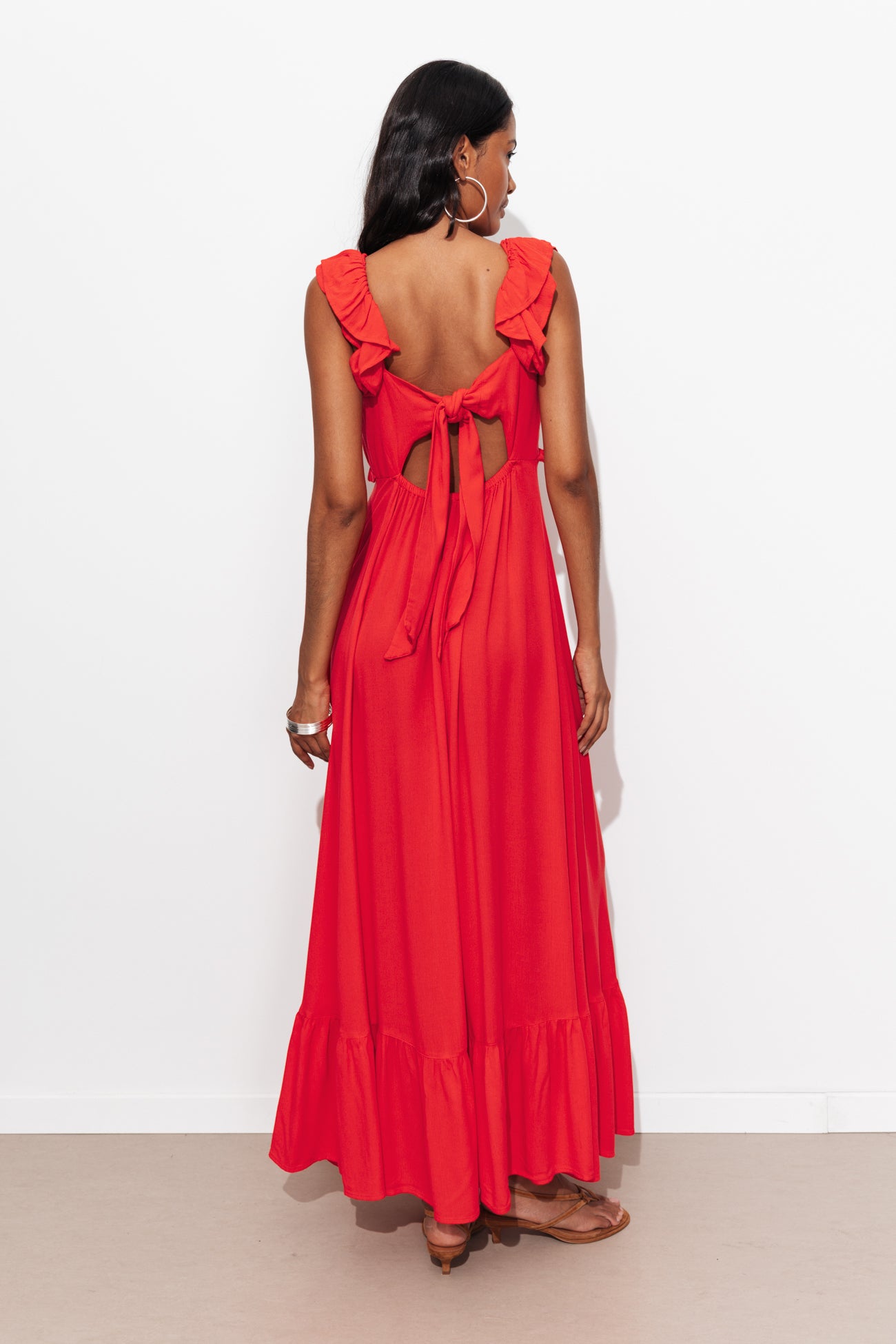 red frilly dress Prom | Formal Dress | Maxi Dress | Prom Gown | | 4 | Anais Tiered Ruffle Maxi Dress - Red 100% Polyester Model is 6 wearing US size Medium with 63 length (wearing 4.25 heels) Tall Womens Clothing Frilly Ruffle Hem Strappy Red