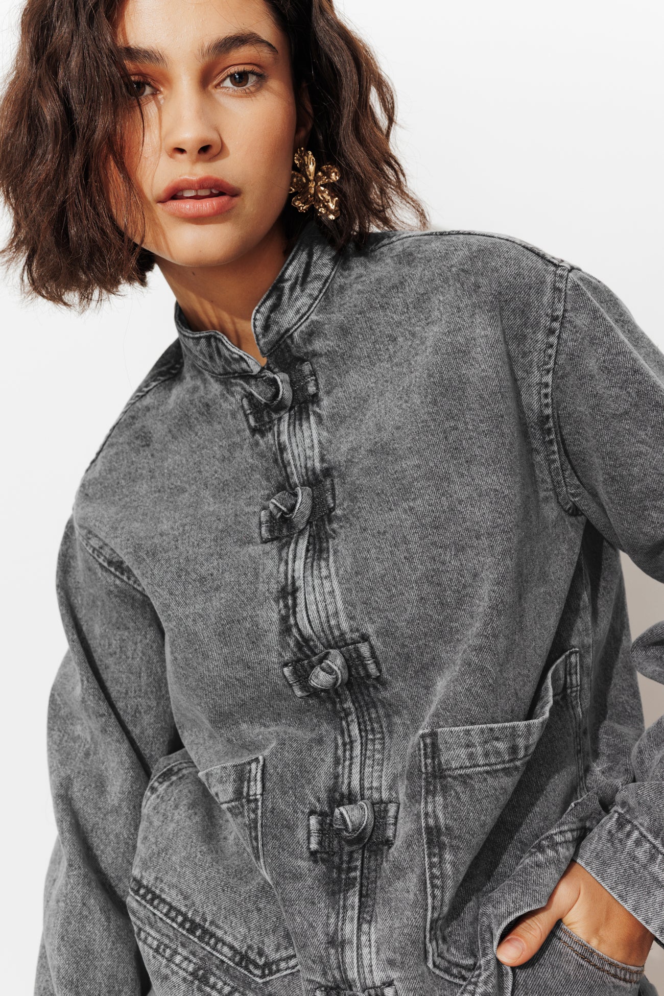 Mandarin denim jacket - Grey denim | Promod