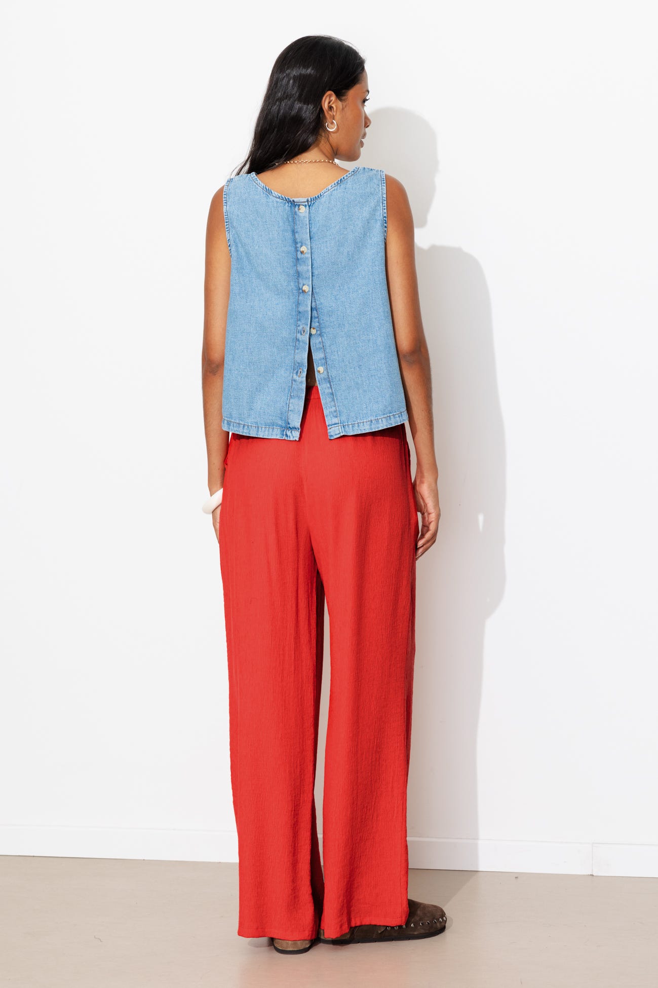 Pantalon large uni crinkle