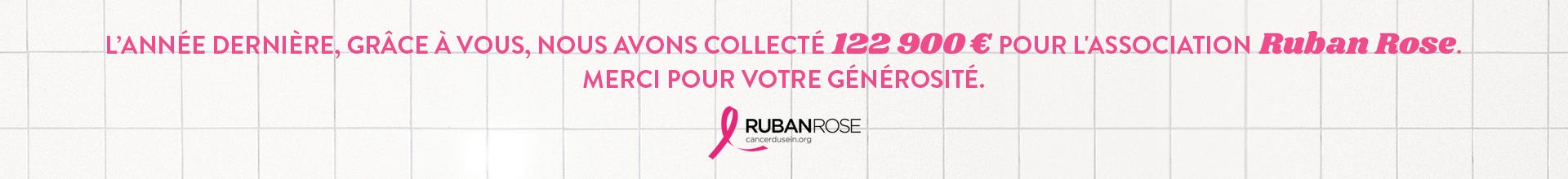 L'année dernière, grâce à vous, nous avons collecté 122 900 € pour l’association Ruban Rose. Merci pour votre générosité.