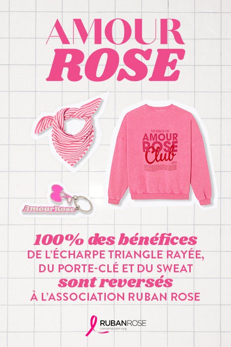 100% des bénéfices DE L’ÉCHARPE TRIANGLE RAYÉE, DU PORTE-CLÉ ET DU SWEAT sont reversés À L’ASSOCIATION RUBAN ROSE.