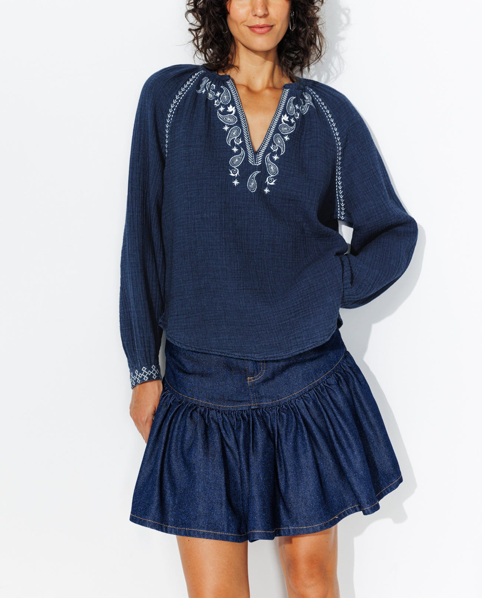 mannequin portant un look monochrome bleu dont une blouse brodée et une jupe courte